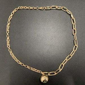 Zara Textured Frayed Metal Gold Ball Chain Pendant Oval Circle Link Necklace